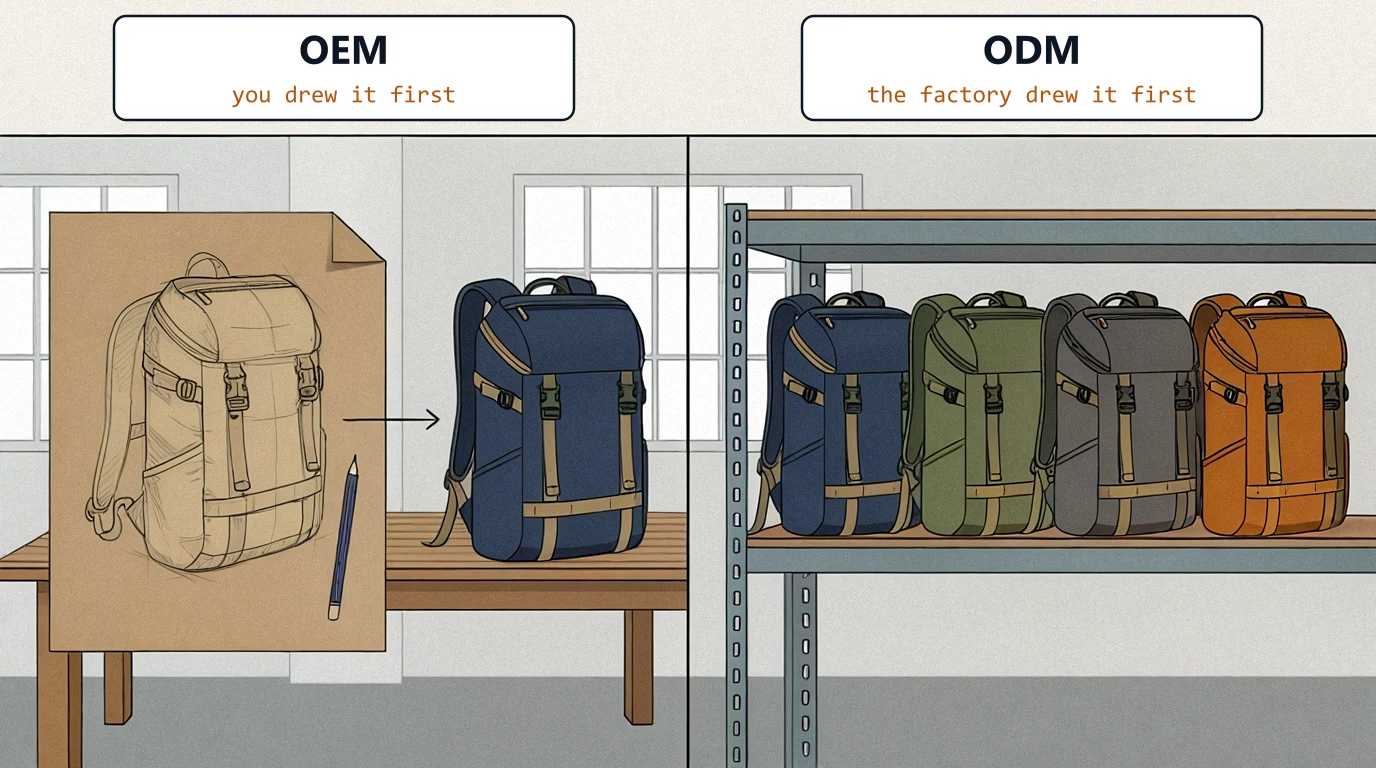 Split illustration: on the left a hand-drawn backpack sketch on kraft paper with an arrow to one finished backpack, labeled OEM; on the right a factory shelf of four identical backpacks in different colors, labeled ODM