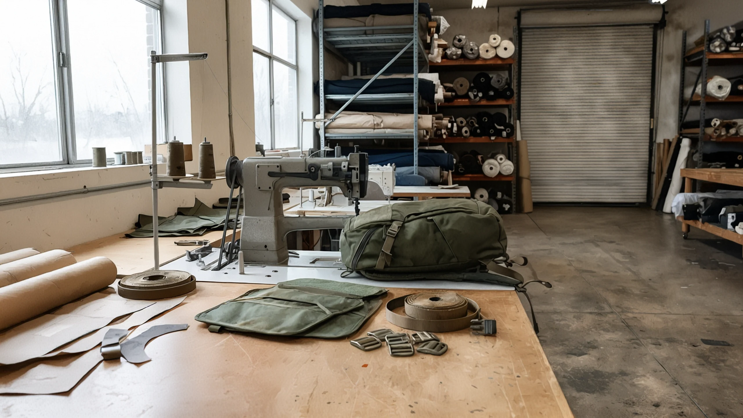 Cut fabric panels, webbing spools, and a half-assembled backpack frame staged on an industrial sewing table