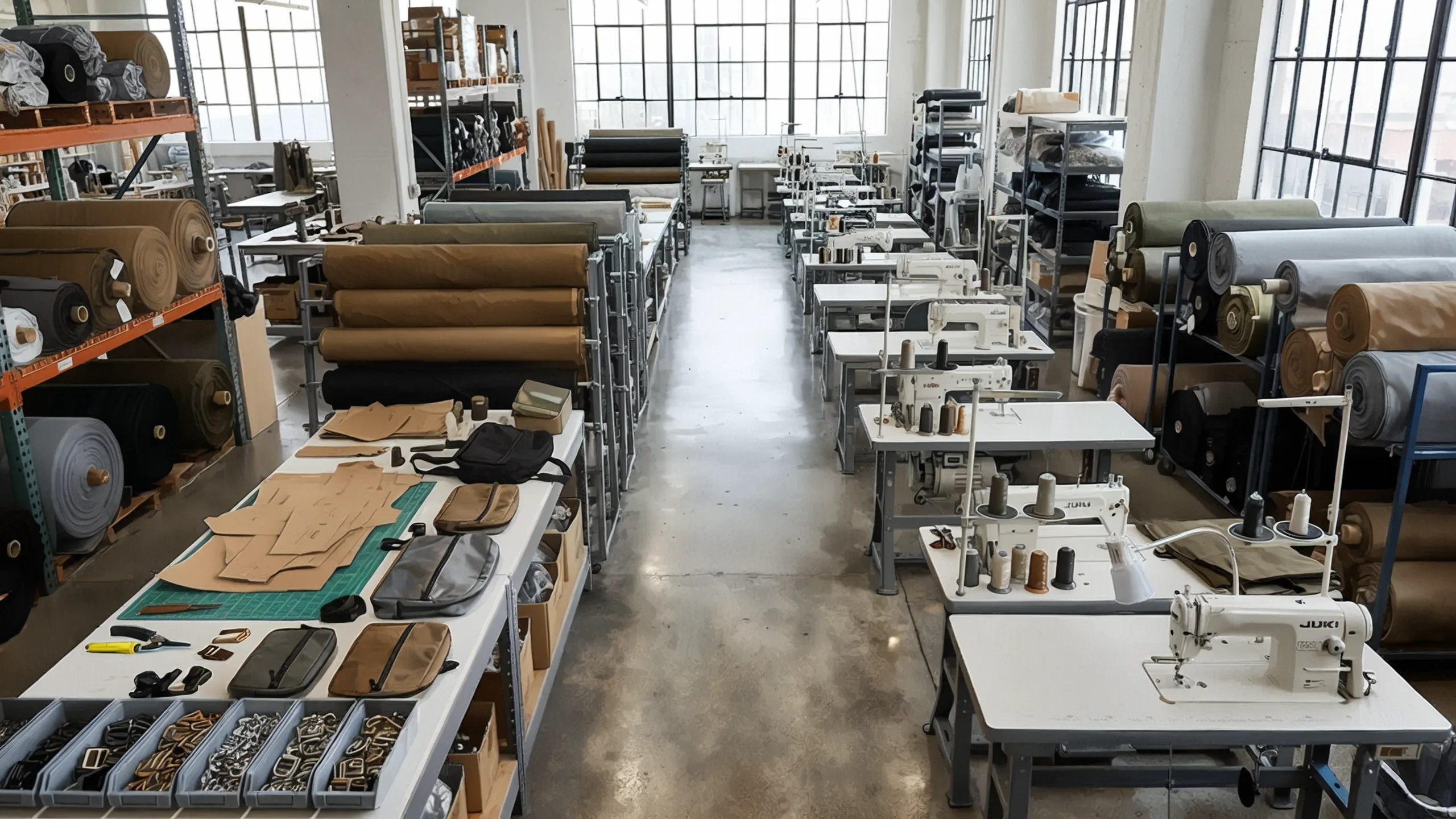 Center aisle of a soft goods factory with industrial sewing stations and rolls of technical fabric staged on racks