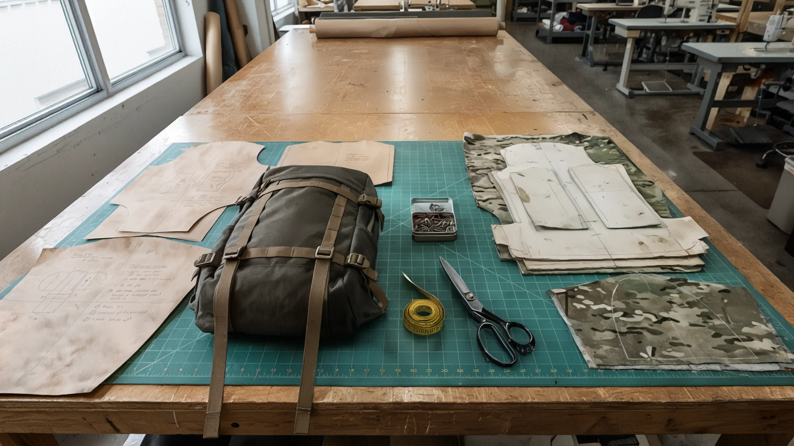 Two backpack pattern sets and a tech pack binder laid out side by side on a factory sample bench