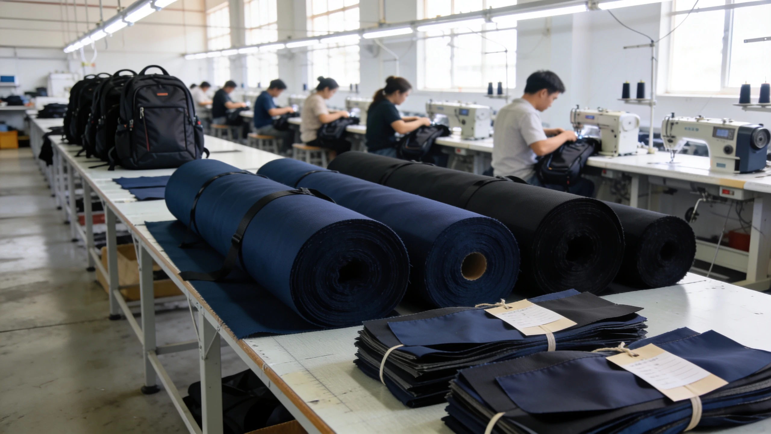 Sewing line in a Vietnamese soft goods factory with rolls of fabric staged for a production run